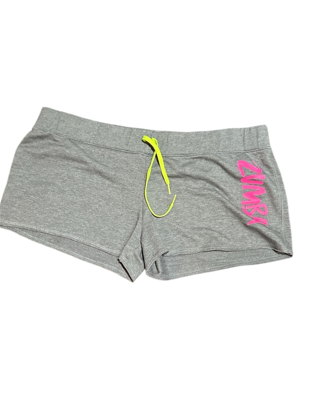 Zumba Fitness Gray Athletic Shorts with Neon Yellow Drawstring and Pink Logo
